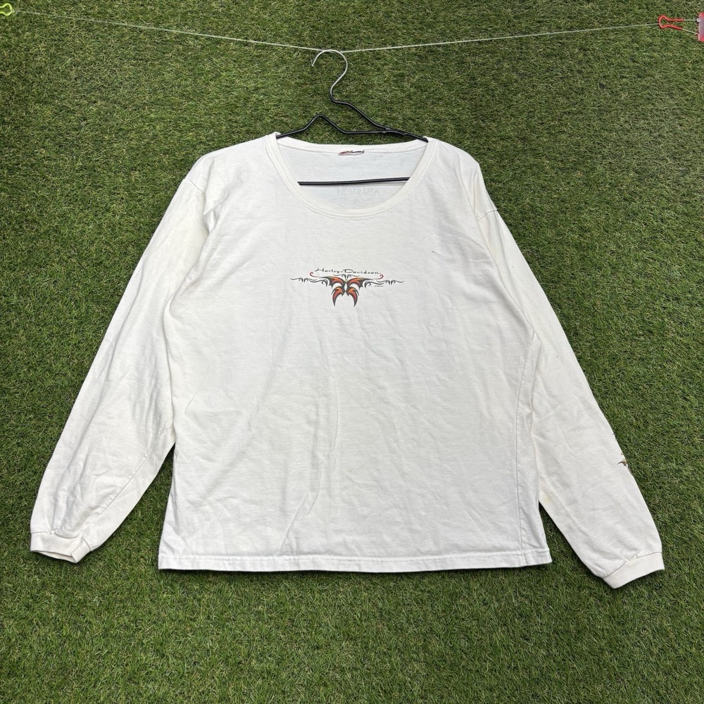 Harley Davidson Shirt Womens XL White Long Sleeve Y2K Baby Tee Round Neck Y2K